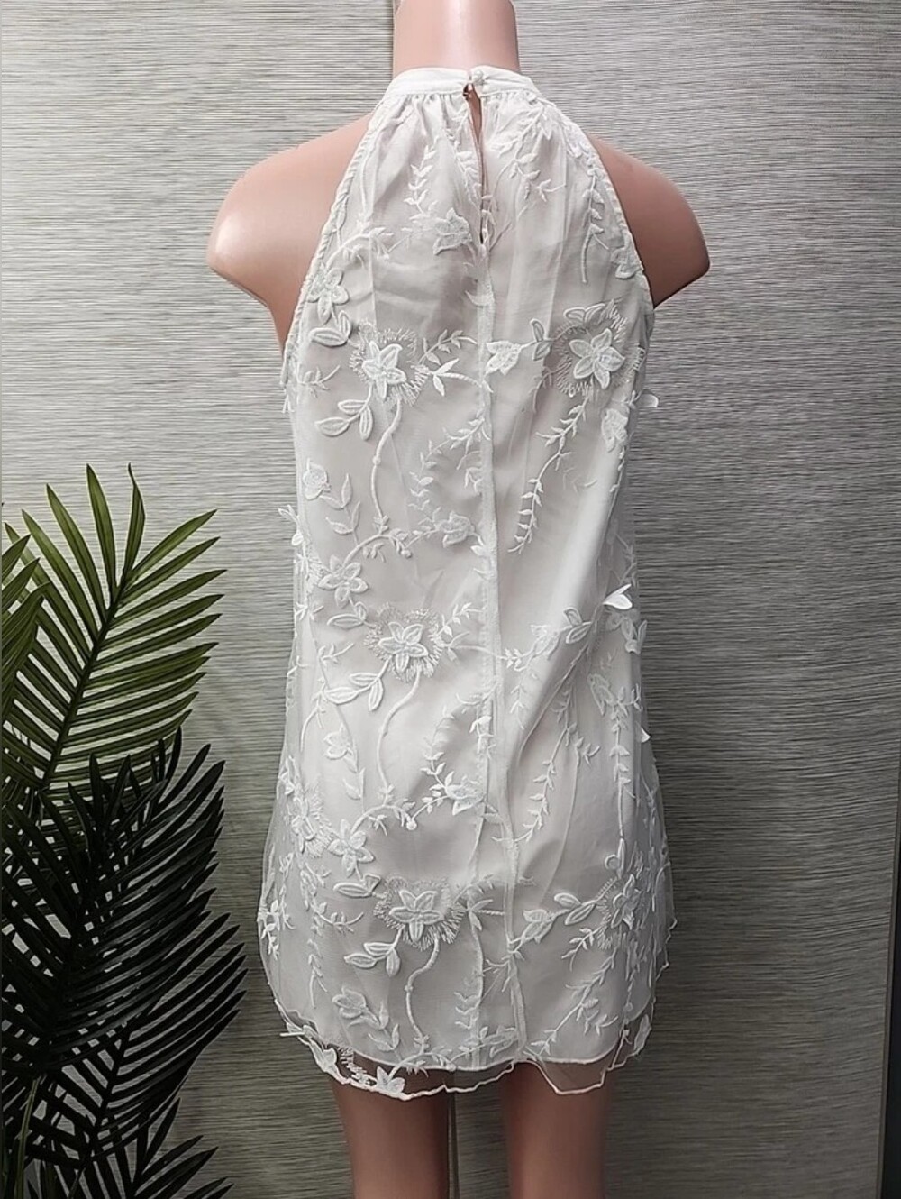 White Floral Embroidered Halter Mini Dress - Picture 3 of 5